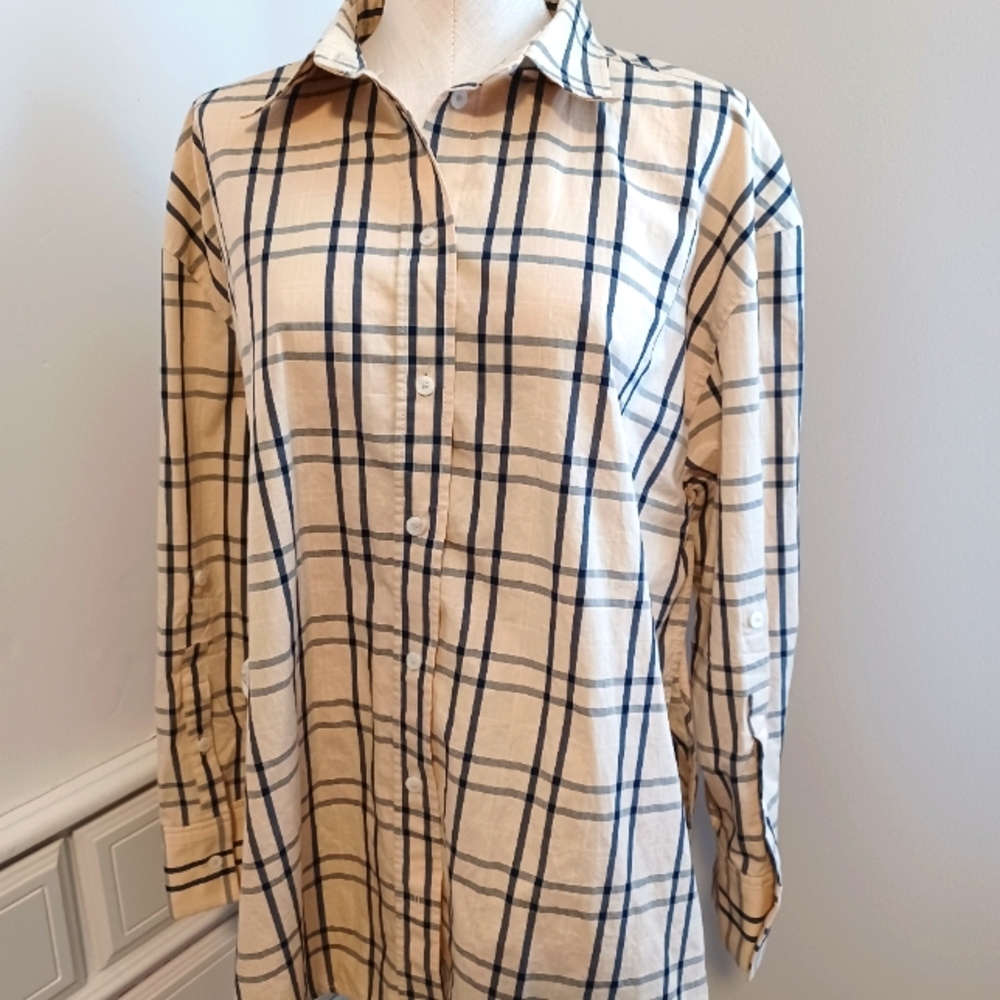 Zara 100% Cotton Beige Navy  Plaid Relaxed Shirt- Back Vent M